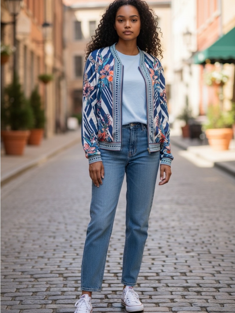 Jealous Tomato Blue Floral & Stripe Bomber Jacket